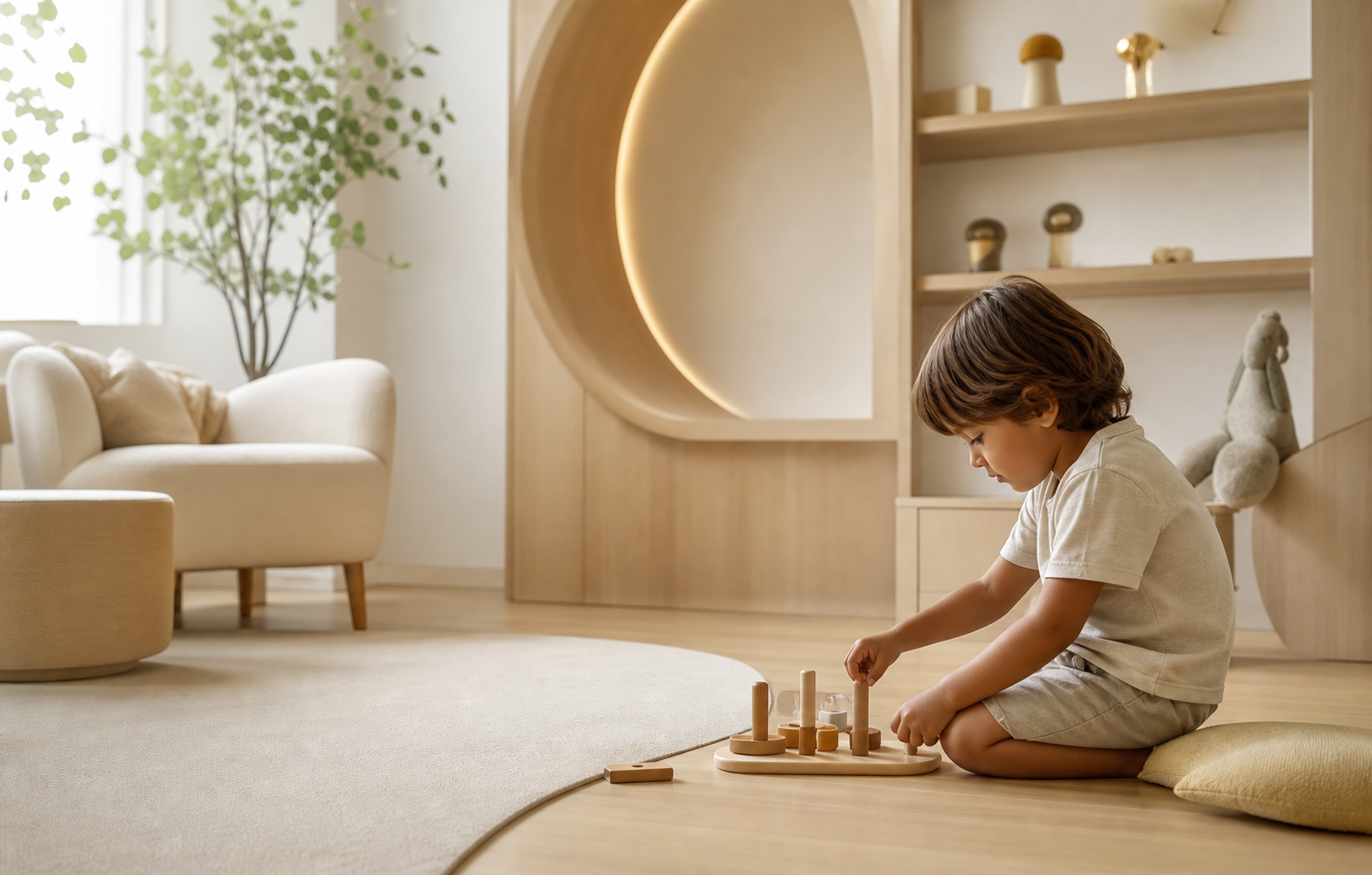 Cena ilustrativa de uma criança brincando com brinquedos educativos em ambiente clínico acolhedor